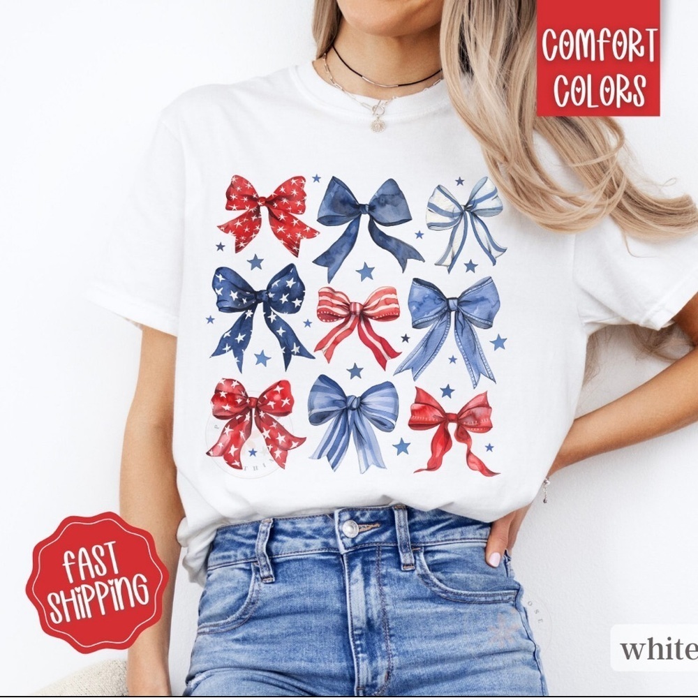 NEW American Flag Bow Tee White - Picture 1 of 3